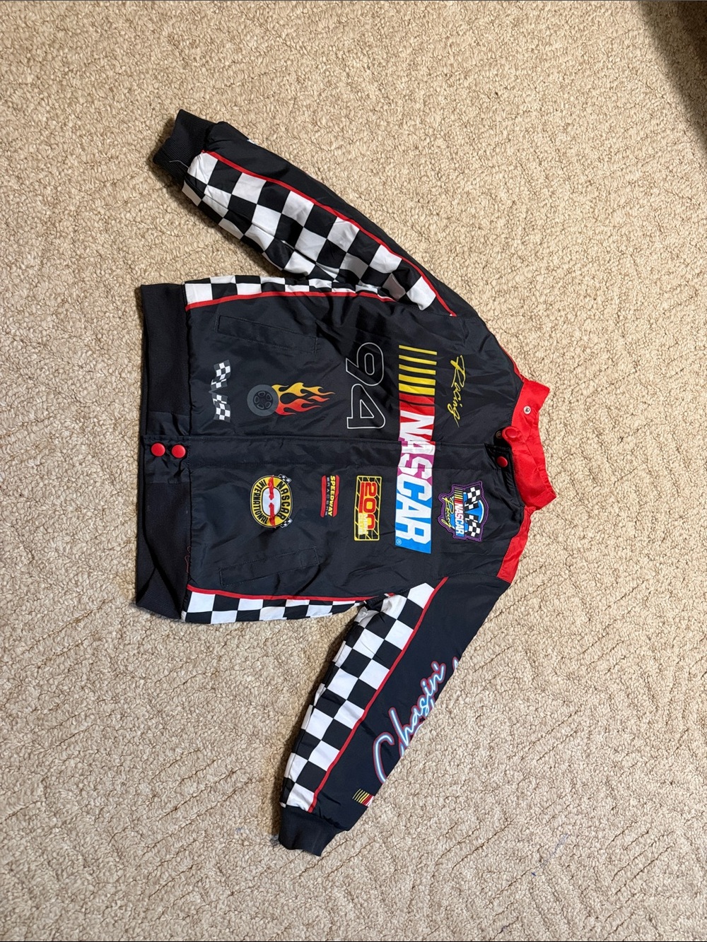 Nascar Black Racing Jacket with White Checkered Sleeves and Red Trim